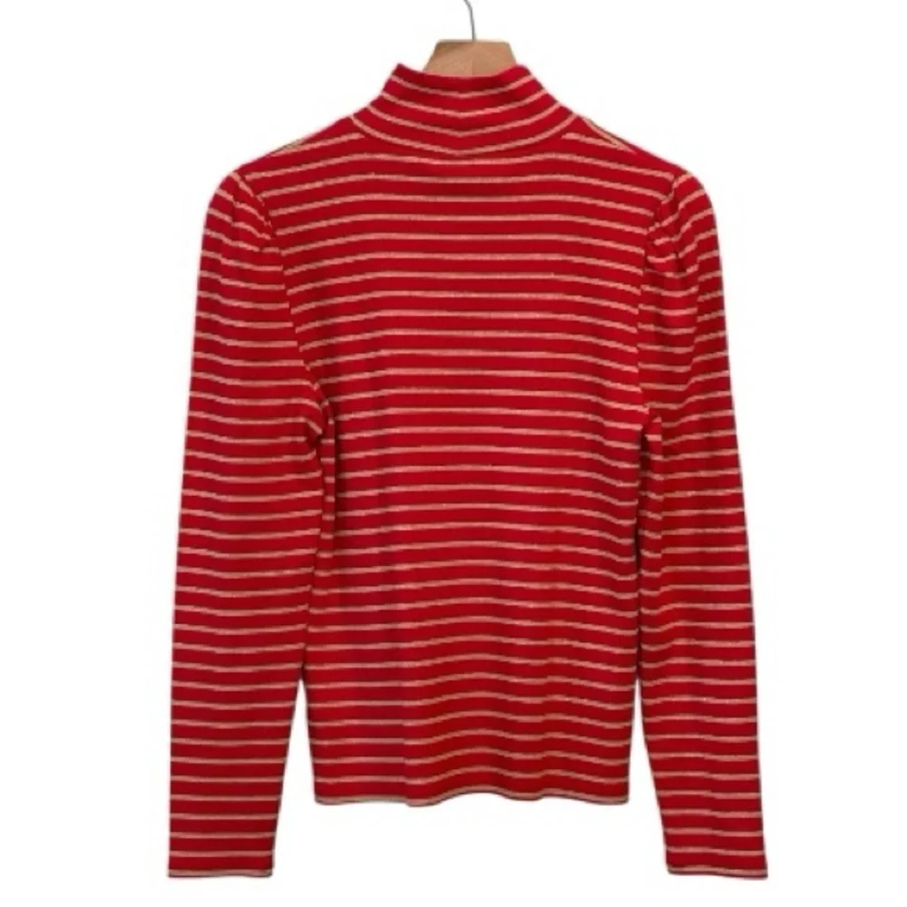 NWT J. Crew Red Puff Sleeve Turtleneck With Metallic Gold Stripes, Size XL
